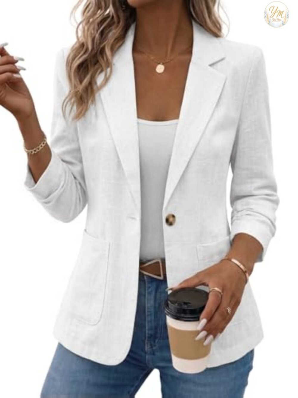 Linen Blend Blazer Women 3/4 Ruched Sleeve Lightweight Business Casual Work